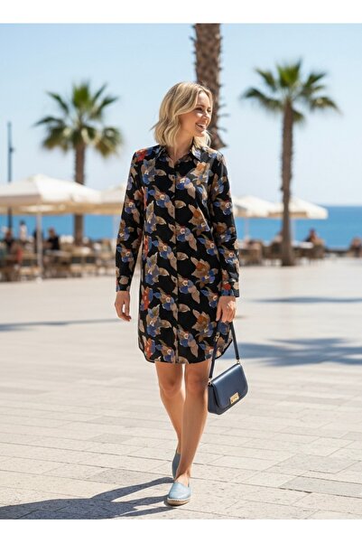 Polologin Butik Floral Patterned Long Sleeve Shirt Dress - Black/Blue