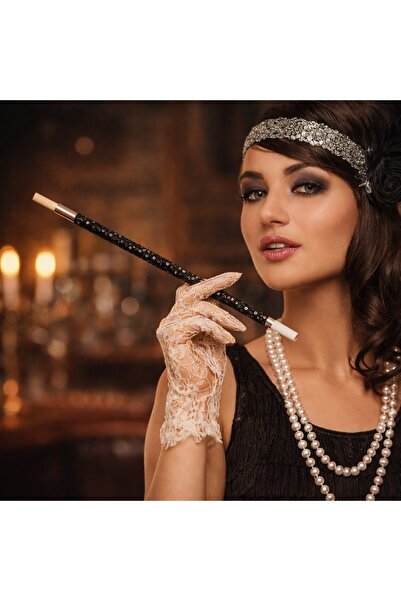 30 cm Siyah Payetli Sigara Tutacağı – 1920’ler Gatsby Parti Aksesuarı