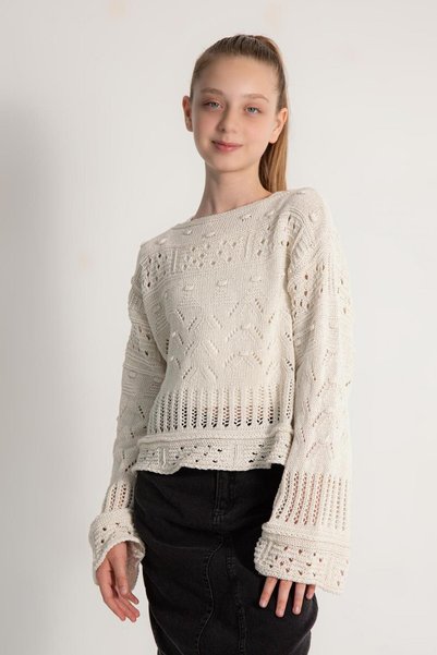 SONGÜLBERİK Young Girl's Ecru Openwork Knitted Sweater 9-14 Years Old M0401
