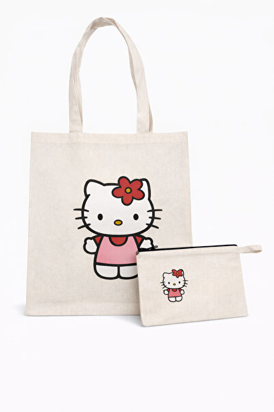 Middles&Niddles Collection Sevimli Kedi Baskılı Bez Çanta & Fermuarlı Cüzdan ...