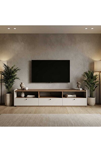 Arnohome طاولة تلفزيون مودرن أبيض مع خشب جوزي - تصميم عصري بـ 3 أدراج واسعة ا...