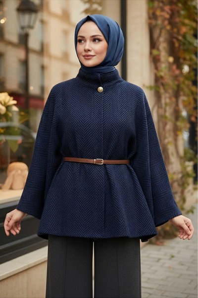 DAS KLEID Zigzag Patterned Belted Poncho Navy Blue