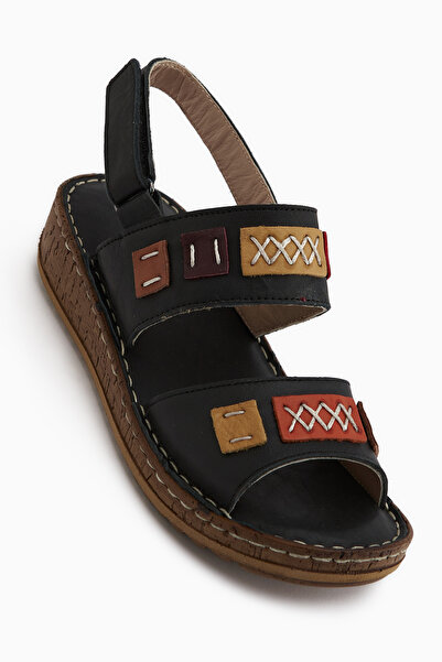 Limoya Loreta Genuine Leather Black Double Strap Women's Sandals