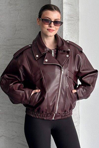 moda armanc Women's Oversize Burgundy Leather Bomber Jacket - New Season Prem...