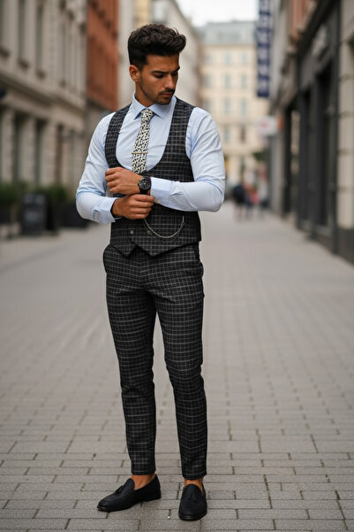 dehaine Men's suit, Pants + Vest, plaid, event suit, Navy blue, B4186