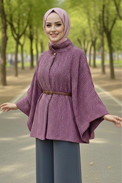 DAS KLEID Zigzag Patterned Belted Poncho Fusya