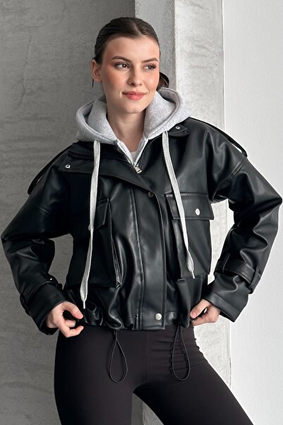 moda armanc Women's Hooded Black Leather Jacket Oversized Crop Hoodie Detaile...