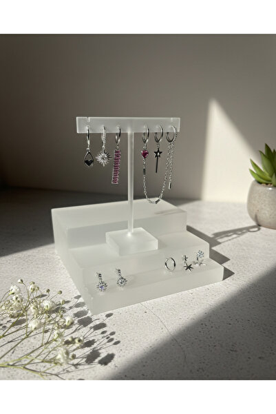 Vidora Jewelry Gümüş Renk Çelik Küpe Seti – 6’lı Pembe Baget Taşlı, Güneş ve ...