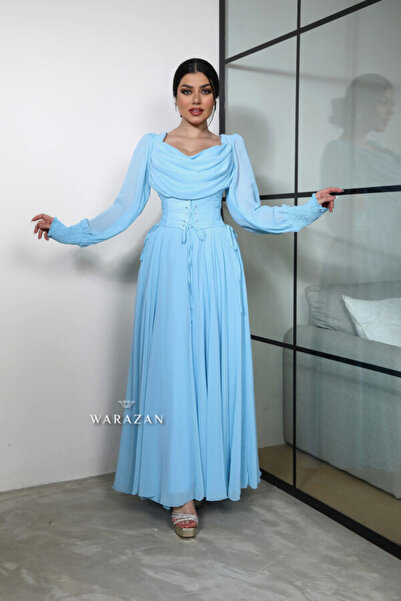 Warazan فستان شيفون ملكي دبل كلوش مع كورسيه