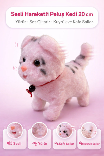 YILDIRIM OYUNCAK Sesli Hareketli Peluş Kedi 20 cm | Yürüyen, Kafa ve Kuyruk S...
