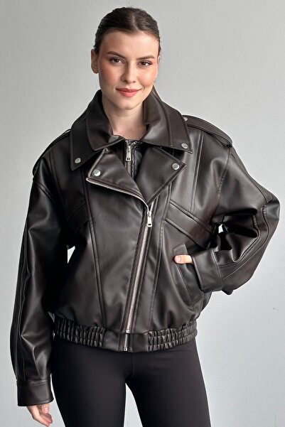 moda armanc Women's Oversize Bitter Brown Leather Bomber Jacket - New Season ...