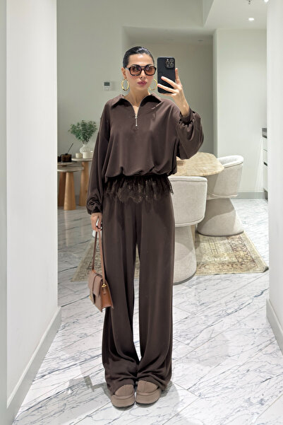 Seda Yalçın Atelier Kahverengi Dantel Detaylı Eşofman10Takım