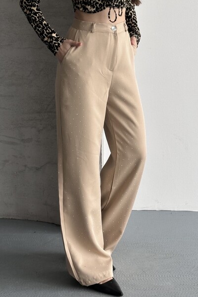 moda armanc Women's Stoned High Waist Beige Palazzo Pants Wide Leg Fabric Tro...