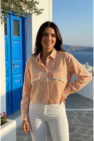 YusGos Women's Striped Cotton Linen Crop Shirt with Cuff Pockets and Collar Trim