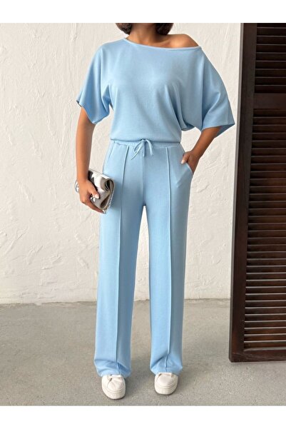 A&WİSE Kadın İsa Kollu Kayık Yaka Bluz Ve Pantolon Misal Kumaş Ikili Takım