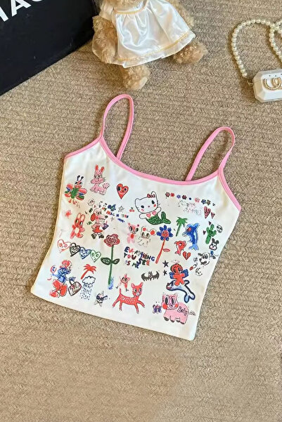 İlayda Toprak Grafitti Hello Kitty Grafik Desenli Pembe Askılı Beyaz Baskılı ...