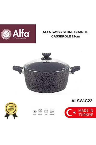 Alfa Granite Casserole Pot Swiss Stone 22cm | Non-Stick | Induction Compatibl...