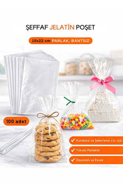 COLORPAK 10*22 cm Parlak Bantsız Jelatin Kurabiye ve Şekerleme Poşeti Şeffaf ...