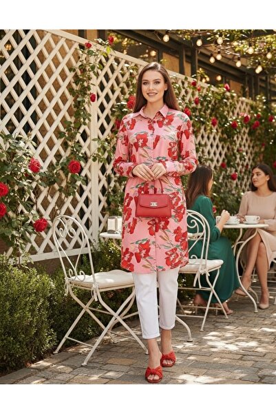 Polologin Butik Floral Patterned Long Shirt Tunic - Pink/Red