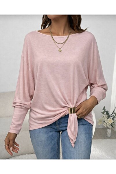 Modayakamoz Women's Long Sleeve Boat Neck Blouse with Cuff and Buckle Detail