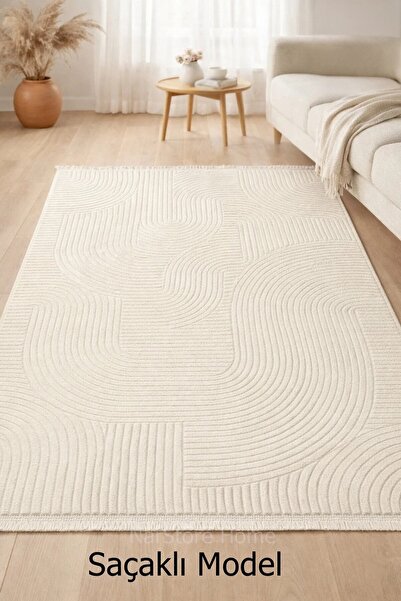 NaRStore Home Rölyef Joy Krem Saçaklı Kaymaz Yıkanabilir Taban Kesme Salon Mu...