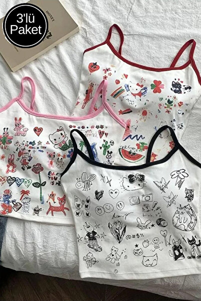 İlayda Toprak Grafitti 3'lü Paket Hello Kitty Grafik Desenli 3 Renk Askılı Crop