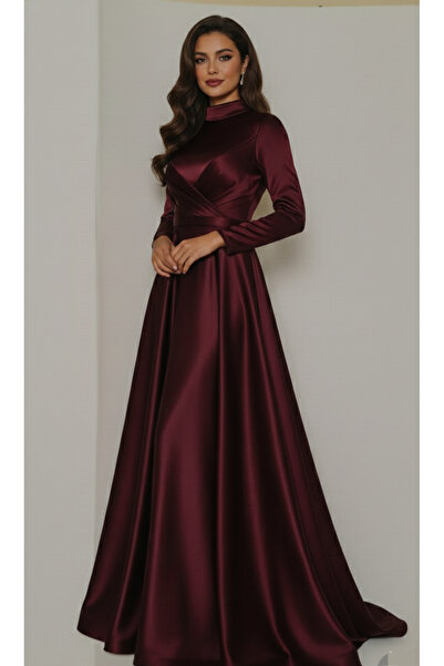 makbuleofficial Drape Detaylı Saten Kumaştan Tesettür Abiye