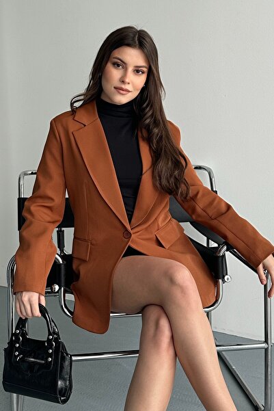 moda armanc Women's Tan Buttoned Oversize Blazer Jacket