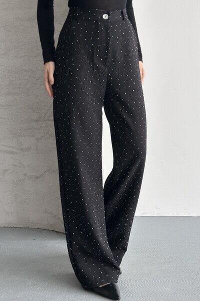 moda armanc Women's Stoned High Waist Black Palazzo Pants Wide Leg Fabric Tro...