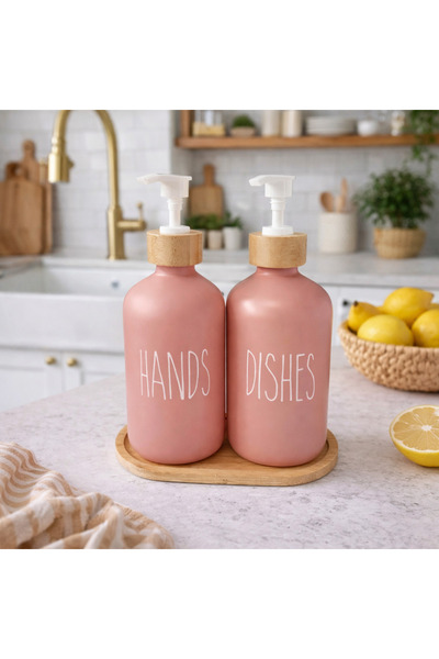 Aşkana 2'li Cam Deterjanlık-Sıvı Sabunluk Seti,2x500 ml,Bambu Standlı,Mutfak,...