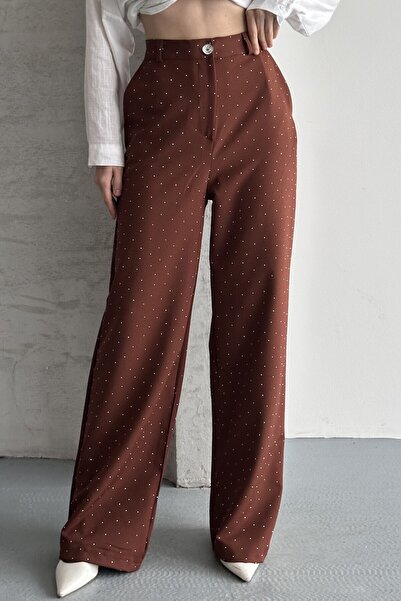 moda armanc Women's Stoned High Waist Brown Palazzo Pants Wide Leg Fabric Tro...