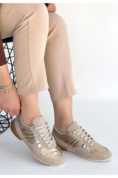 Lisinya Jawen Beige Nubuck Gold Detailed Sports Shoes - Tygoo