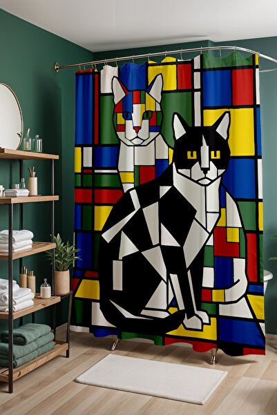 EVPANYA Κουρτίνα μπάνιου, Κουρτίνα ντους με σχέδιο γάτες σε χρωματικό μπλοκ, ...