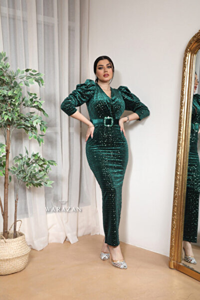 Warazan Velvet dress with a sheen, fitted sleeves.