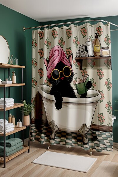 EVPANYA Perdeau de baie, Perdeau de duș cu model Madam Pisi, Perdeau pentru c...