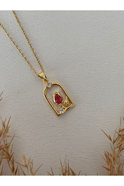 stainless steell Çerçeveli Renkli Lale Detaylı Çelik Kolye