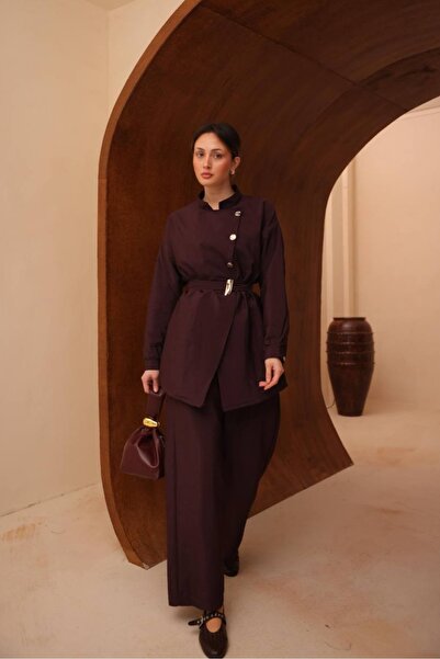 Safgiyim44 Gold Button Belted Double Suit Burgundy