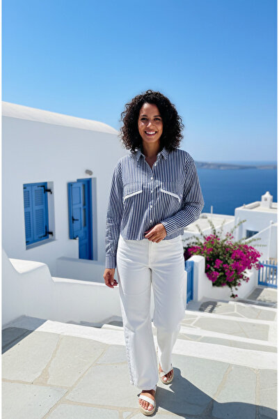 YusGos Women's Striped Cotton Linen Crop Shirt with Cuff Pockets and Collar Trim