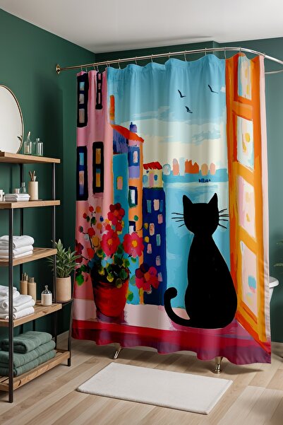 EVPANYA Κουρτίνα μπάνιου, Κουρτίνα ντους με σχέδιο γάτας με θέα στη θάλασσα, ...