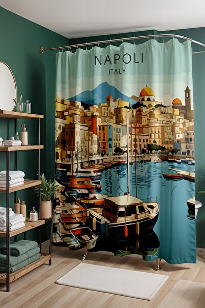 EVPANYA Perdeau de baie, perdea de duș cu model Portul Napoli, perdea pentru ...