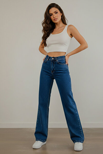 BİENAL BUTİK Women's Lycra Dark Blue High Waist Wide Leg Women's Loose Jeans ...
