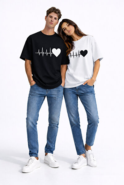 Ciel Lune Lover Combination Heart Rhythm Printed Couple T-Shirt Oversize Unis...