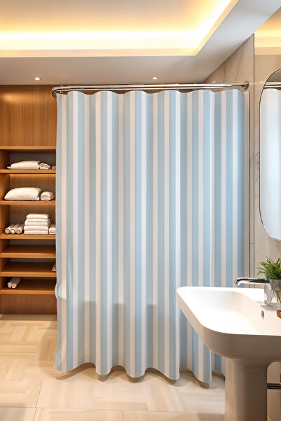 EVPANYA Κουρτίνα μπάνιου, Κουρτίνα ντους με σχέδιο με ίσιες μπλε γραμμές, Κου...