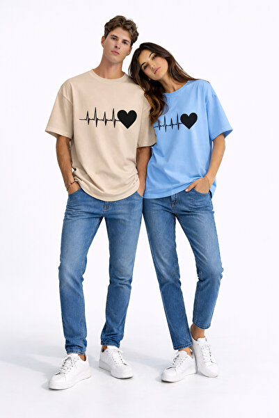 NEVERMIND Lover Combination Heart Rhythm Printed Couple T-Shirt Oversize Unis...
