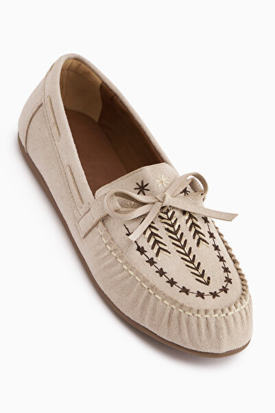 Limoya Darya Beige Suede Embroidered Moccasin Shoes Women's Loafer
