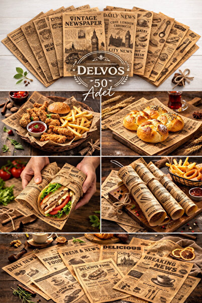 Delvos Kendinden Desenli Yağlı Kağıt | 50 Adet Vintage Gazete Desen Sunum Kağ...