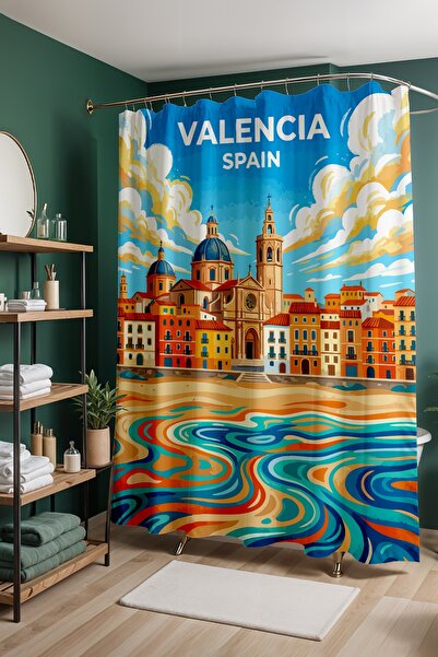 EVPANYA Perdeau de baie, Perdeau de duș cu model în culori de coasta Valencia...