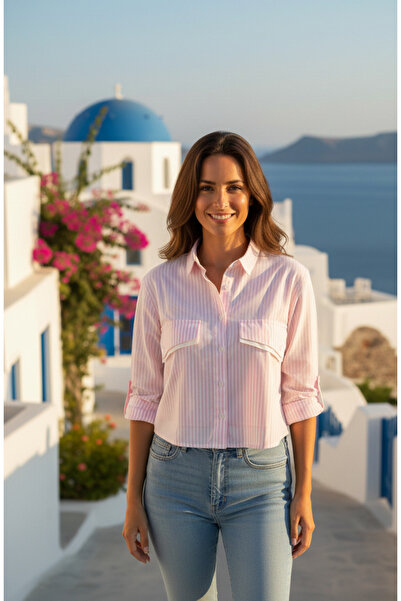 YusGos Women's Striped Cotton Linen Crop Shirt with Cuff Pockets and Collar Trim