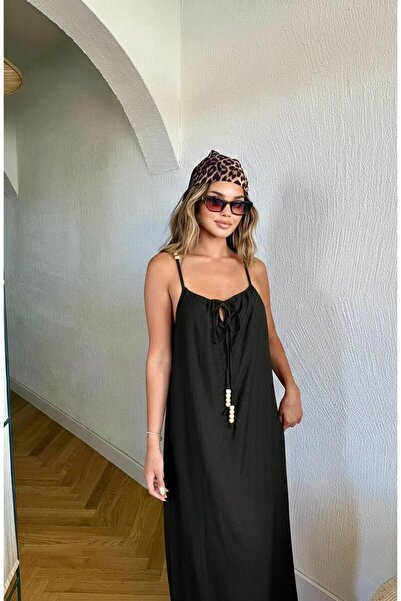 TOFAN TRİKO Lace-Up Detail Strappy Seersue Summer Dress