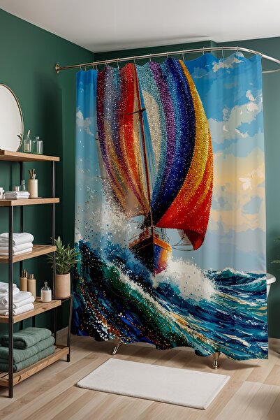 EVPANYA Perdeau de baie, perdea de duș cu model mozaic cu valuri de mare și n...